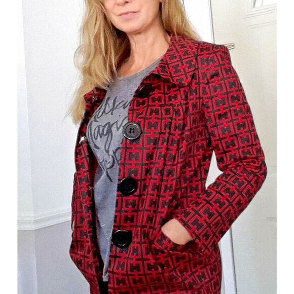 H Geometric Pattern Long Jacket Sz S Spring Fall Black Red Pattern Sophisticated - Picture 6 of 10